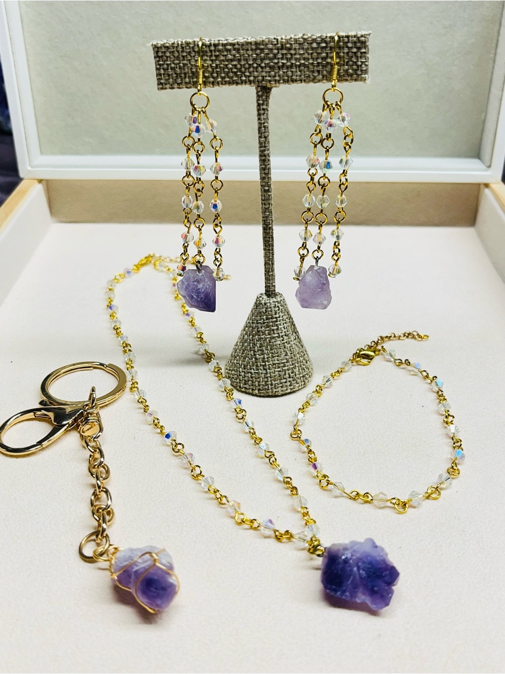 Raw Amethyst AB Beads Jewelry Set Gold Tone Earrings Necklace Bracelet Keychain